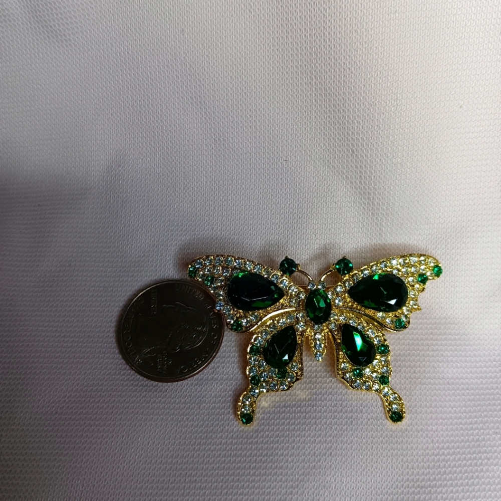 Gold Tone Green And Silver Bedazzled Butterfly Brooch NWOT